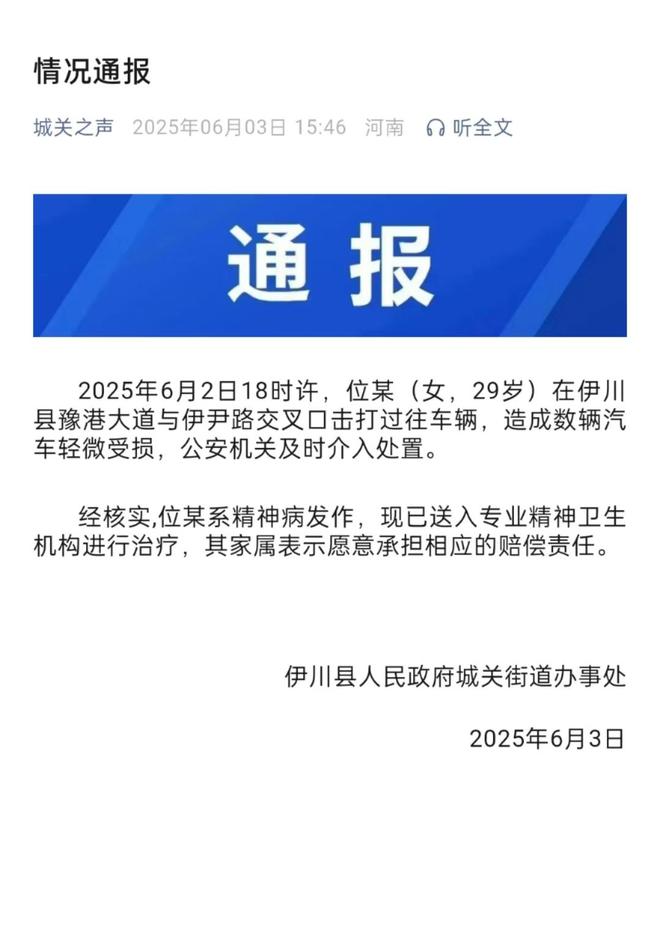 辆轿车通报：系精神病发作家属愿意承担赔偿PG电子麻将胡了2试玩女子持械当街打砸多(图1)